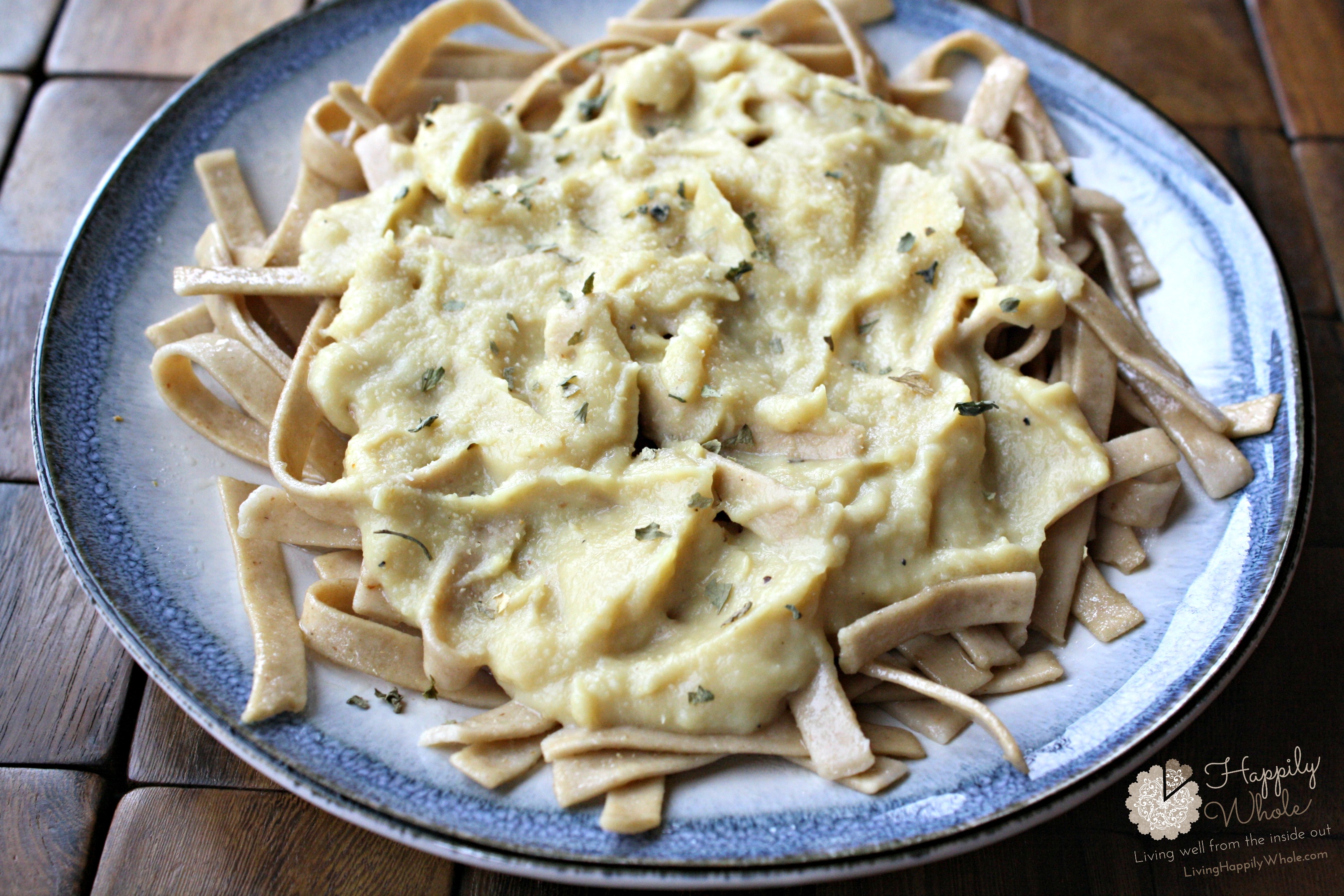 Pasta with Creamy Cauliflower Alfredo Sauce, Vegan Happily Whole